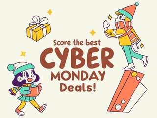 Festive Cyber Monday Promotion with Cartoon Characters and a Gift Box Announcing Incredible Deals and Savings colorful