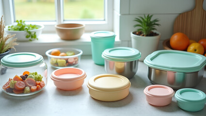 Unbranded reusable food storage containers on gray stone countertop