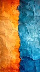 Crinkled paper, orange and blue.  A vertical tear divides warm orange and cool blue crumpled paper