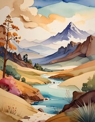 Mountain river valley landscape.  Soft colors,  flowing river,  pine trees.  Calm scene
