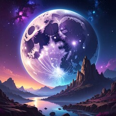 Cosmic moon over a serene, otherworldly landscape