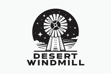 Black silhouette art shows a desert windmill under a night sky with shining stars