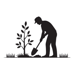 Planting a tree isolated on white background, a person plants a sapling, symbolizing growth, nature, and environmental care