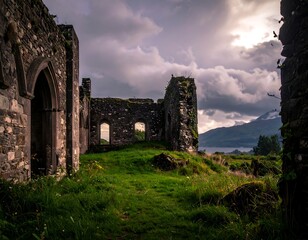 Ruined stone structure overlooking a lake.  Dramatic sky