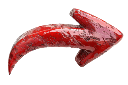 Glossy red arrow points right with a textured surface for graphic design use on transparent background