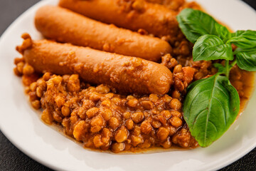 Sausage with lentils second course tasty snack fresh delicious gourmet food background on the table rustic top view copy space