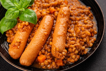 Sausage with lentils second course tasty snack fresh delicious gourmet food background on the table rustic top view copy space
