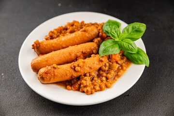 Sausage with lentils second course tasty snack fresh delicious gourmet food background on the table rustic top view copy space