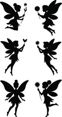 Collection of silhouettes of a fairy. Isolated on white 