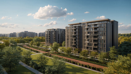 Obraz premium Contemporary Apartments with Scenic Green Pathway