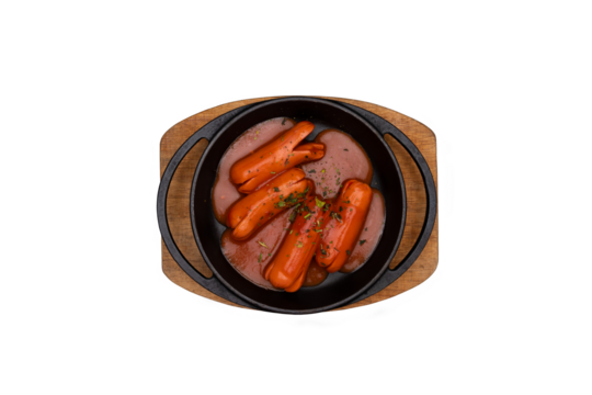 Top-down transparent PNG of sausages in a black cast iron skillet — ideal for breakfast menus and culinary design projects.