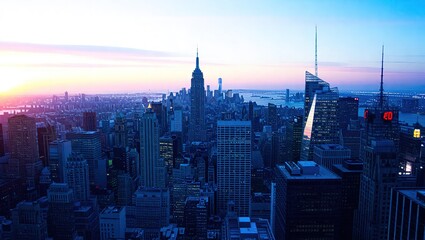 Stunning New York City Skyline at Dawn with Empire State Building Prominent.