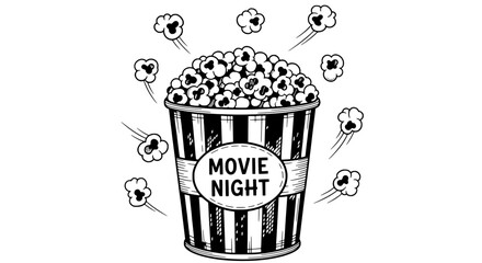 Classic hand-drawn black and white illustration of an overflowing striped popcorn bucket, perfect for a cozy movie night experience, representing fun and cinematic indulgence