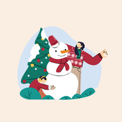 A vibrant cartoon illustration depicts a joyful winter scene where two individuals are building a snowman next to a decorated Christmas tree, showcasing a festive and cheerful holiday spirit