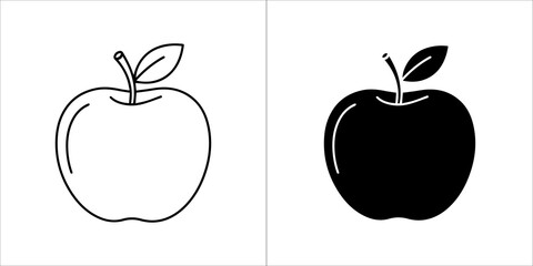 Simple line drawing and solid silhouette of an apple with a leaf and stem, presented sidebyside on a white background
