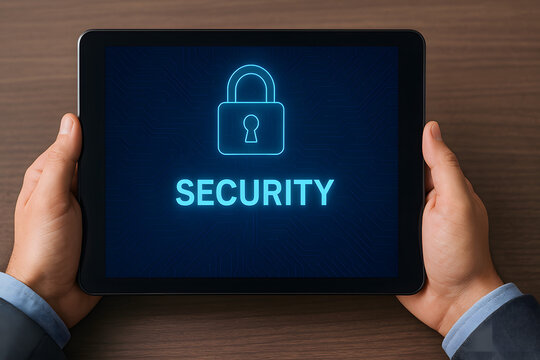 Hands holding tablet displaying glowing security lock icon, digital cybersecurity protection concept on blue screen, online data privacy, secure internet access, information technology, network encryp