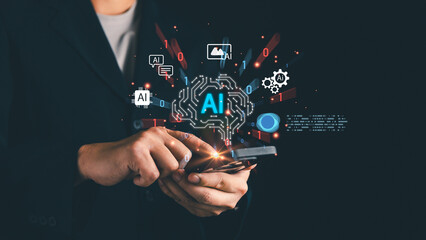 Businessman using smartphone with virtual AI interface, symbolizing artificial intelligence, data technology, digital transformation, and innovation for business and future technology concepts.