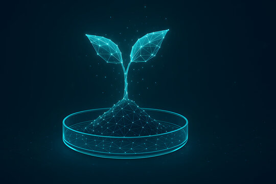 Glowing holographic seedling growing on a circular futuristic platform, luminous digital plant with two emerging leaves, bioluminescent cyan sprouts, sustainable agriculture, green technology, artific