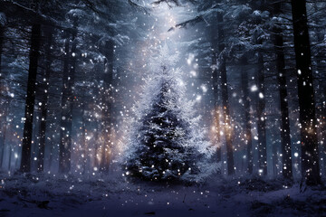 A magical winter forest with a glowing Christmas tree surrounded by snowflakes and glowing lanterns. A chic, creative, and beautiful Christmas or New Year tree for the interior of a stylish home