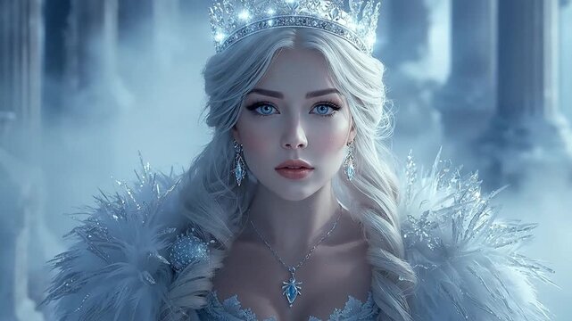 Mystical Ice Queen Portrait with Regal Crown and Silver Hair in a Frozen Kingdom