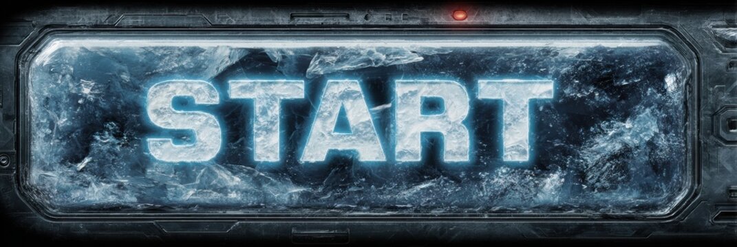 A cold, illuminated start button shows icy details and a glowing blue outline, ideal for gaming or digital applications in a sci-fi context.
