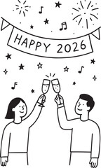 Hand-drawn Happy New Year 2026 party celebration