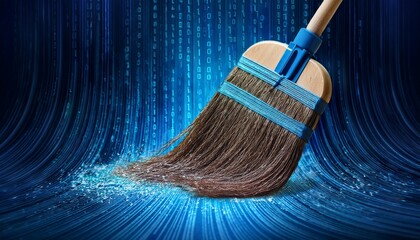a broom sweeping away digital data in the form of binary code symbolizing cleaning or purging of data in a technology or cybersecurity context