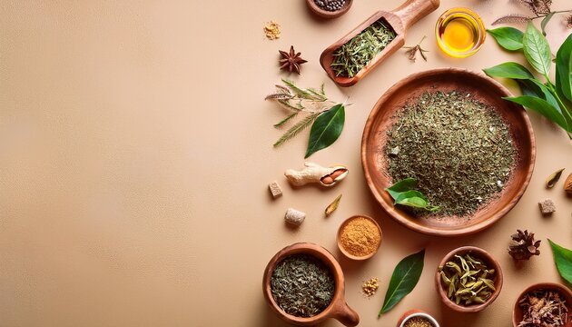 herbal tea leaves on rustic beige background with fresh ingredients display