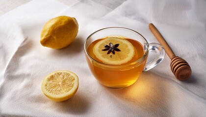 close up photo of a hot lemon and honey drink on a white tablecloth