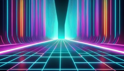 futuristic neon grid tunnel with vertical light beams