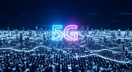 Glowing 5G network symbol illuminating a futuristic digital city, representing high-speed communication and data transmission