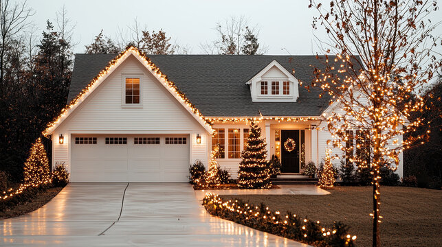 Charming christmas decorations and lights illuminate a minimalist home in a serene suburban environment