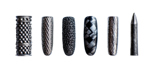 Five cylindrical objects, varying in texture and pattern, set against a black background.  Each displays a unique surface design, creating a visually interesting collection of shapes and textures
