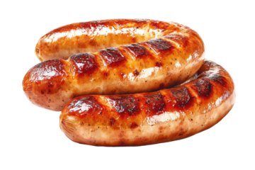 Two grilled sausages, golden brown with a slightly crispy exterior and a lighter interior