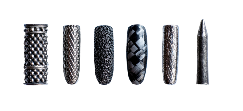 Five cylindrical objects, varying in texture and pattern, set against a black background.  Each displays a unique surface design, creating a visually interesting collection of shapes and textures