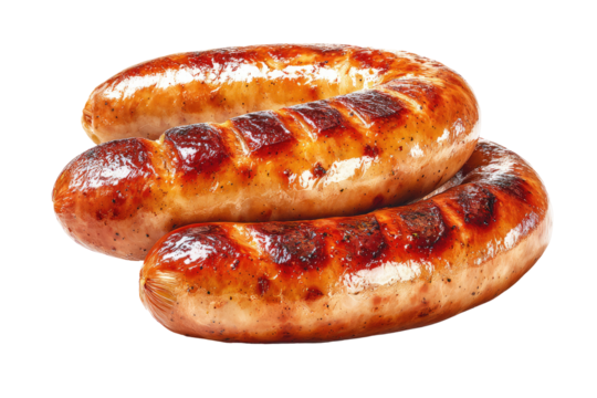 Two grilled sausages, golden brown with a slightly crispy exterior and a lighter interior
