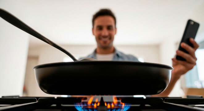 Unusual Low-Angle Closeup of a Smiling Man Stirring a Pot with a Spoon While Looking at His Phone