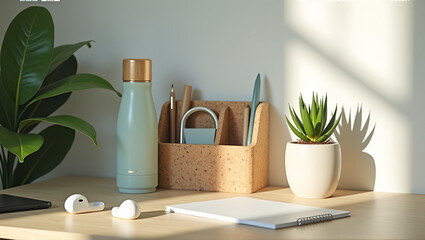 Minimalist sustainable home office desk with cork organizer and succulent
