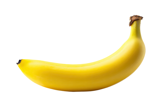 Single ripe banana, bright yellow, smooth skin, stem, isolated