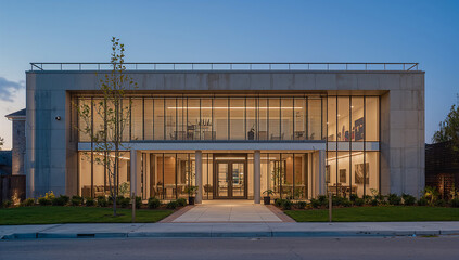 Obraz premium Modern architectural building with large windows and evening lighting