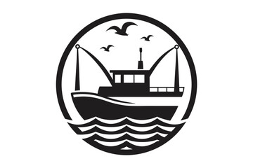Bold black fishing boat navigates ocean waves beneath soaring seagulls in a circular emblem
