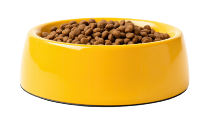 A yellow bowl filled with small, brown kibble