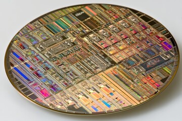 Obraz premium Discovering the Complexities of Semiconductor Technology through a Colorful Wafer Showcasing Intricate Patterns and Next-Generation Circuitry Design Elements Captured in a Photorealistic Format
