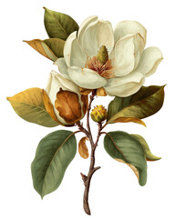 Detailed illustration of a magnolia flower with leaves.  Large, creamy white flower with prominent pistil and stamens.  Mature leaves in various shades of green and muted brown.