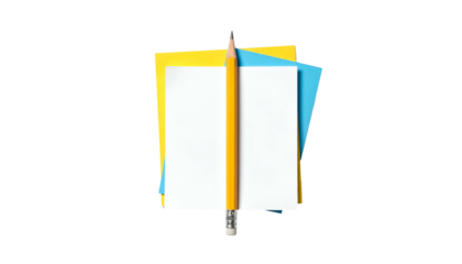 A yellow pencil rests on a stack of sticky notes, a blue and yellow note with white