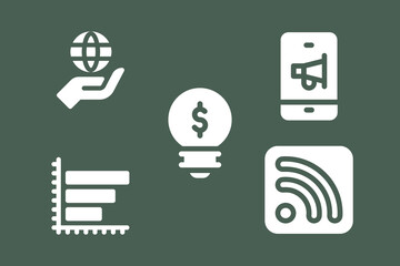 A collection of five white business and technology-related icons on a dark green background, representing global reach, financial ideas, mobile marketing, data analysis, and connectivity.