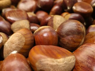 Collection of fresh whole chestnuts displaying their characteristic glossy brown shells with natural color variations from light tan to deep mahogany. Autumn seasonal produce at market.