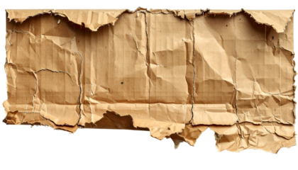 Torn, weathered piece of corrugated cardboard with a jagged edge against a black background