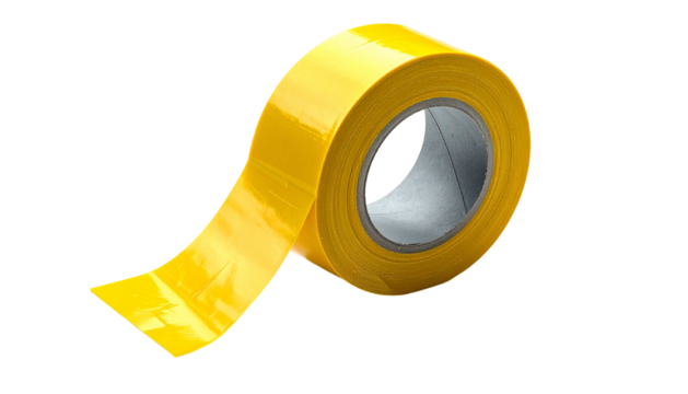 Roll of bright yellow adhesive tape, unspooling, isolated on a stark black background