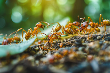 A bustling colony of hardworking ants diligently foraging and working together on the forest floor, showcasing teamwork and industriousness in the natural world    